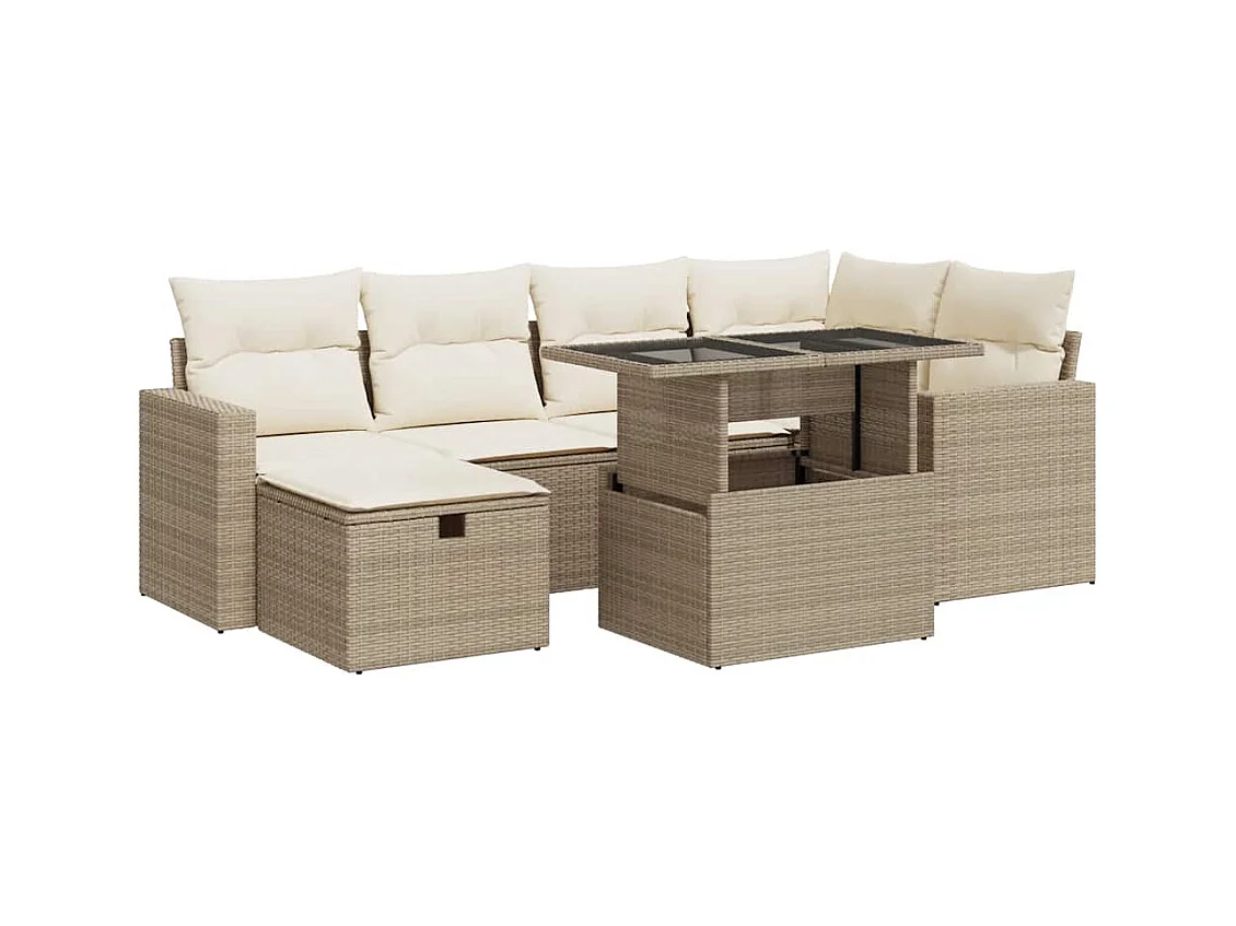 7-tlg. Garten-Sofagarnitur mit Kissen Beige Poly Rattan