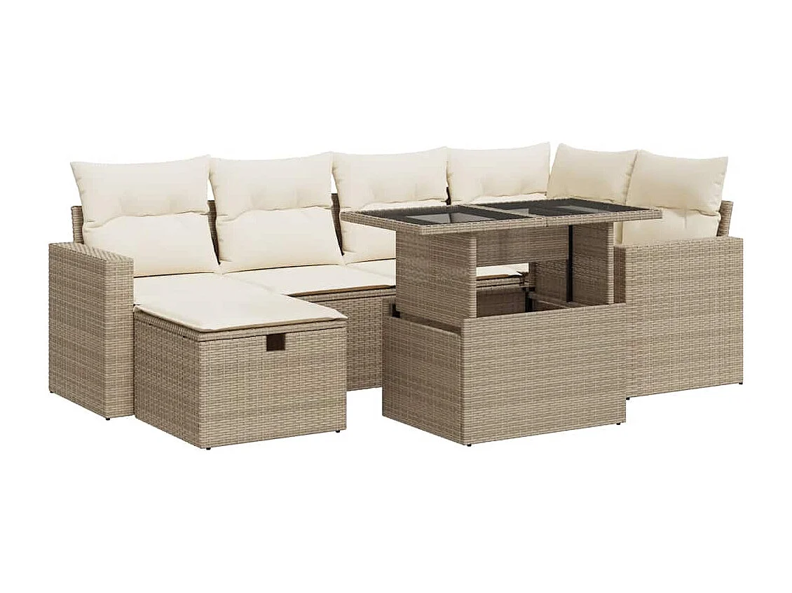 7-tlg. Garten-Sofagarnitur mit Kissen Beige Poly Rattan