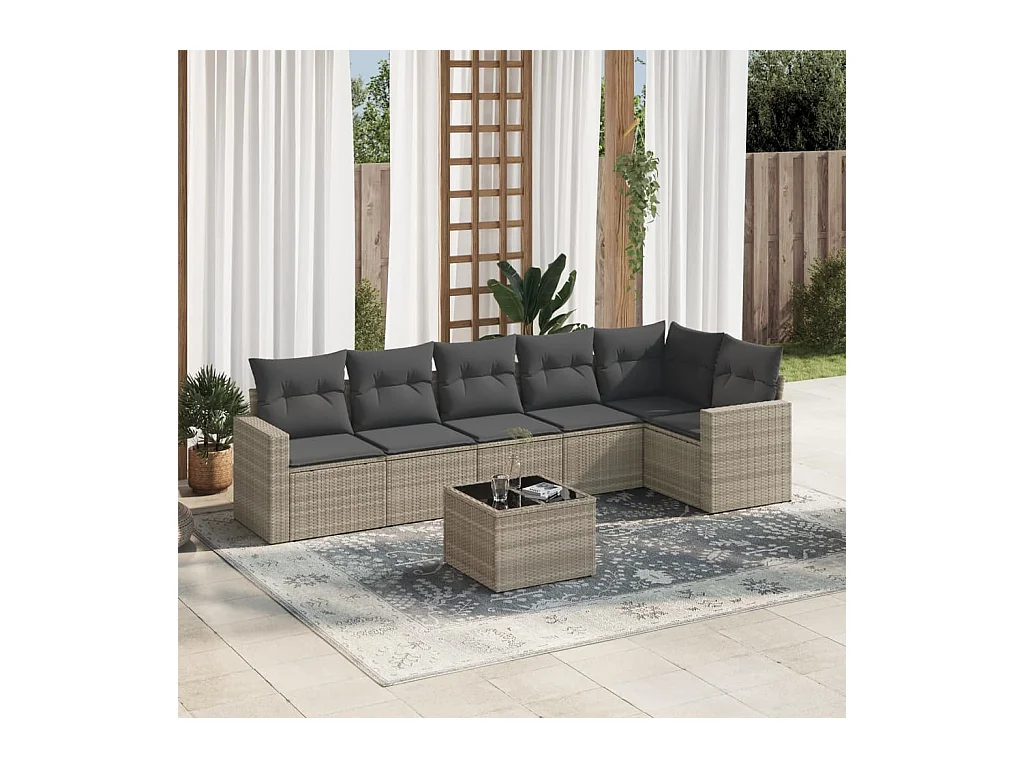 Salon de jardin avec coussins 7 pcs gris clair résine tressée