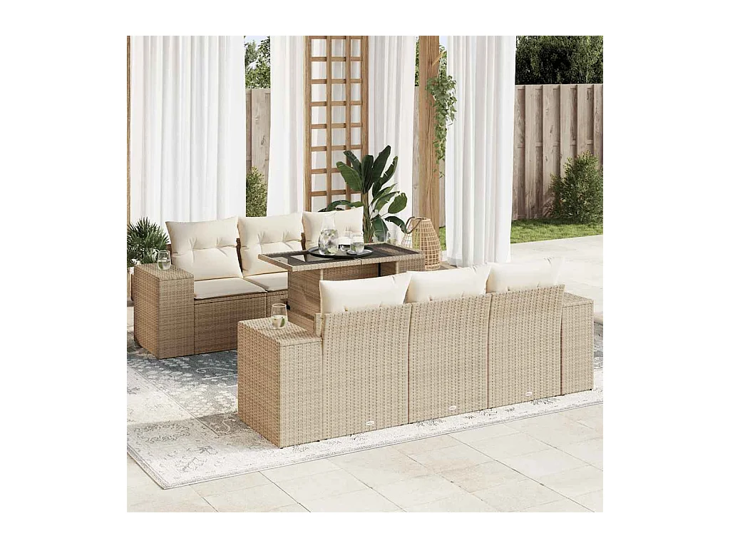 Set Divani da Giardino 7 pz con Cuscini Beige in Polyrattan