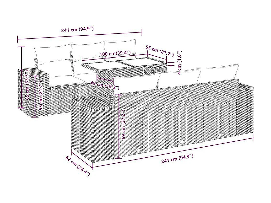 Set sofás de jardín 7 piezas y cojines ratán sintético beige