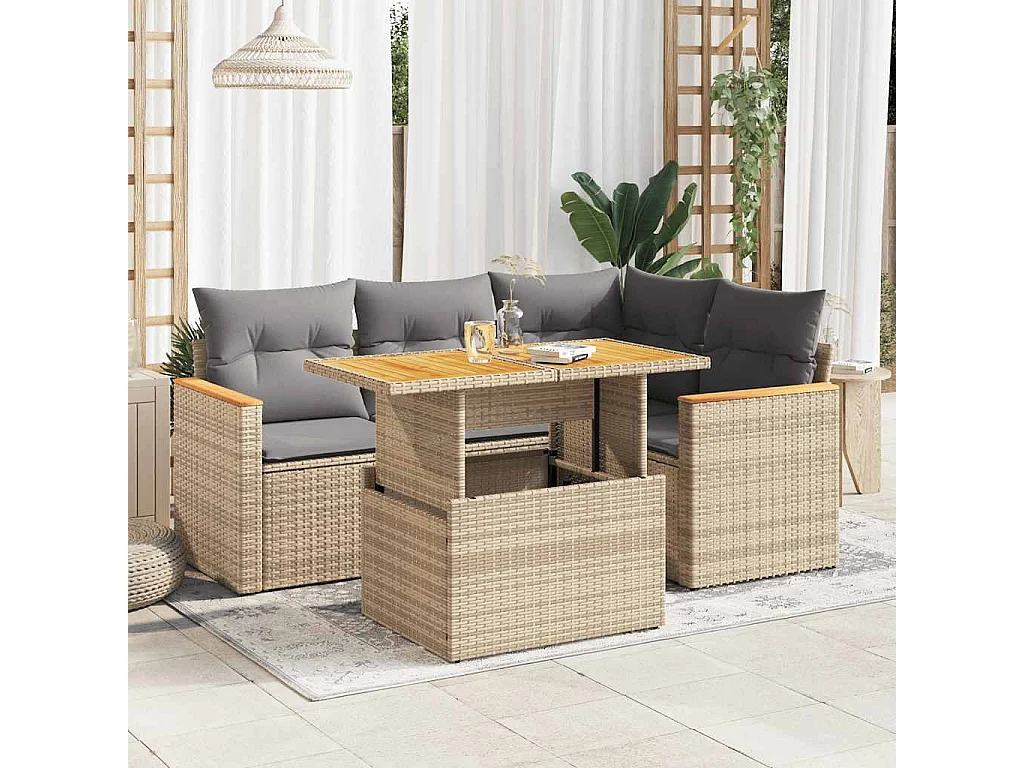 Set Divano da Giardino 5 pz con Cuscini Beige Polyrattan Acacia