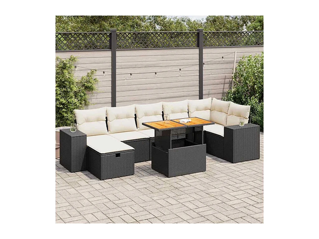 Salon de jardin 5 pcs avec coussins noir résine tressée acacia