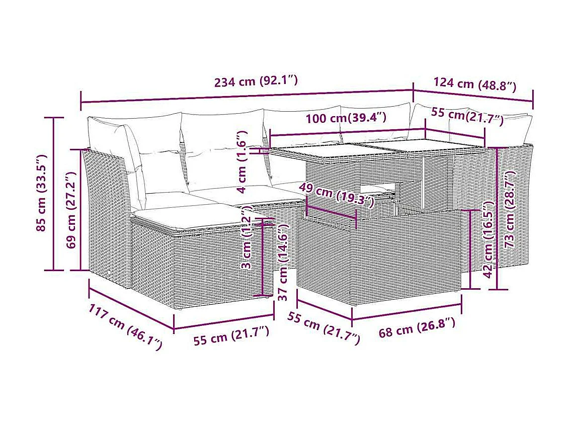 7 pcs conjunto de sofás jardim c/ almofadões vime PE castanho
