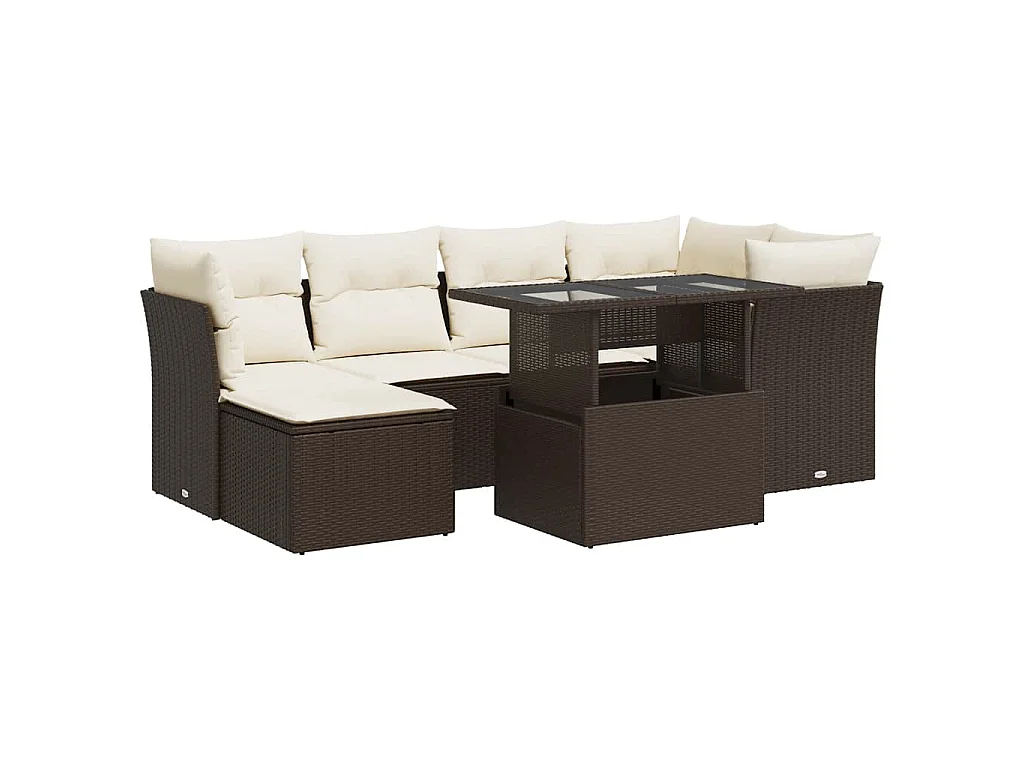 7-tlg. Garten-Sofagarnitur mit Kissen Braun Poly Rattan