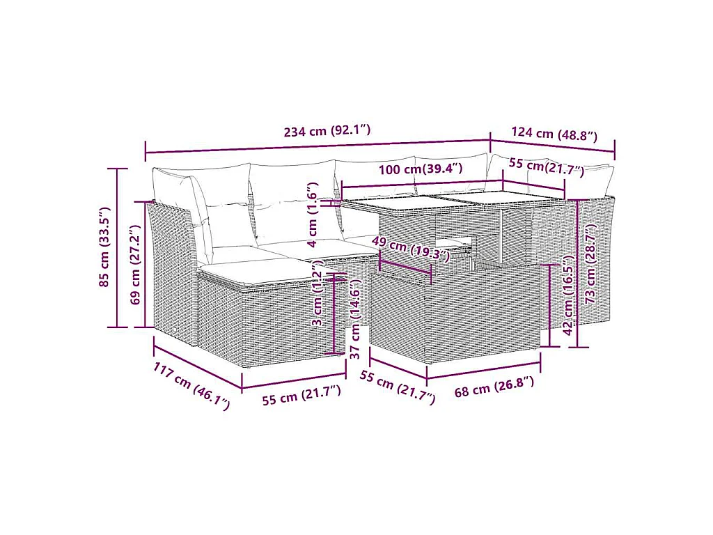 7-tlg. Garten-Sofagarnitur mit Kissen Braun Poly Rattan