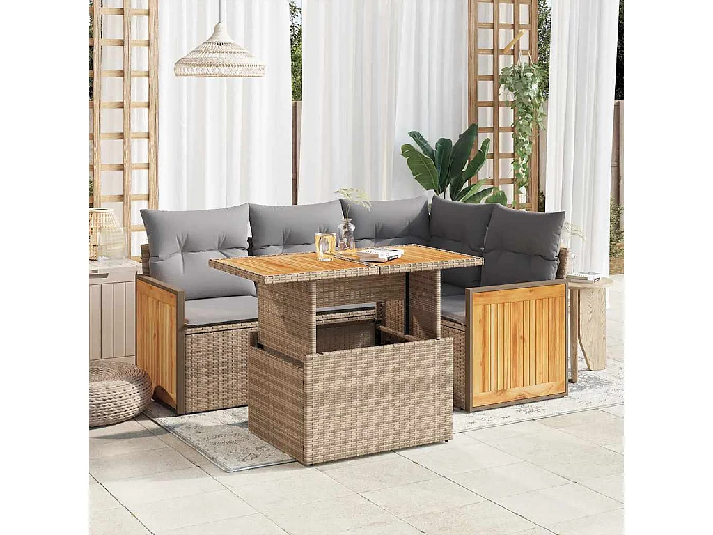 Set Divano da Giardino 5 pz con Cuscini Beige Polyrattan Acacia