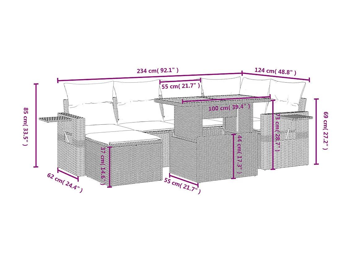 7-delige Loungeset met kussens poly rattan beige