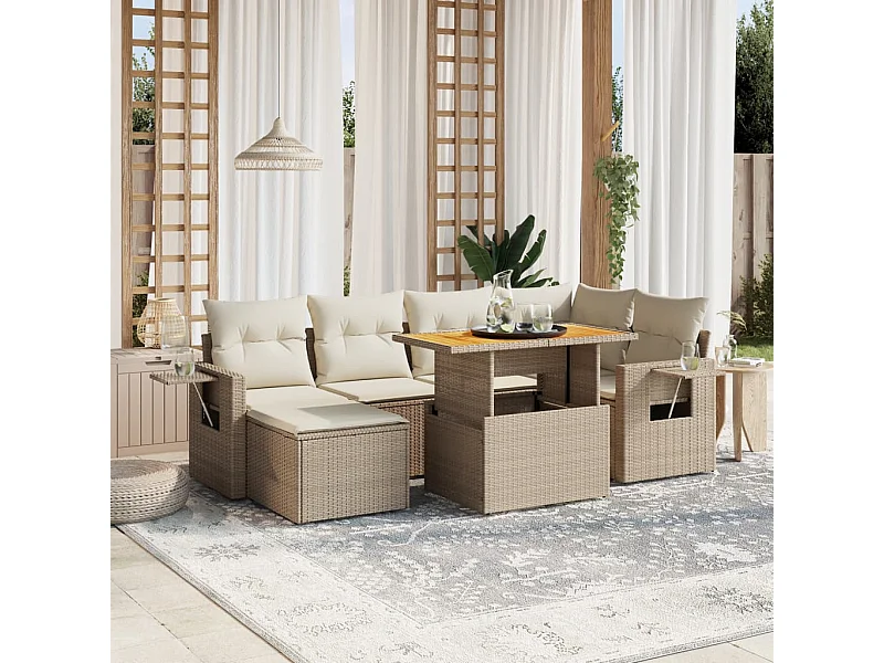 Set Divani da Giardino 7 pz con Cuscini Beige in Polyrattan