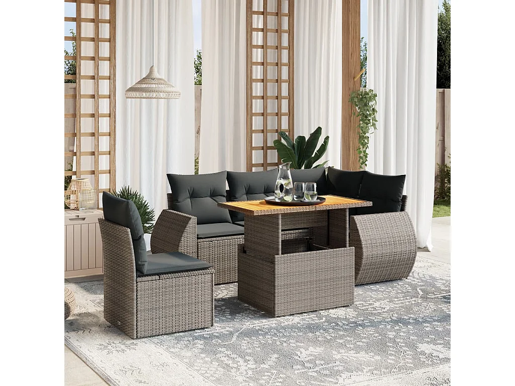 Salon de jardin 6 pcs avec coussins gris résine tressée