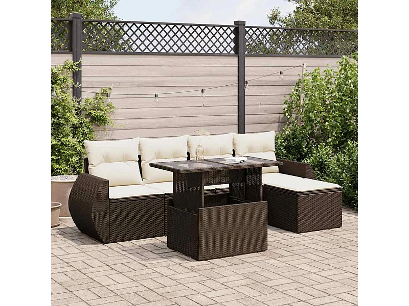 Salon de jardin avec coussins 6 pcs marron résine tressée