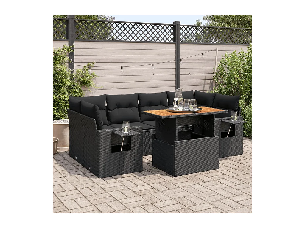 Salon de jardin 7 pcs avec coussins noir résine tressée