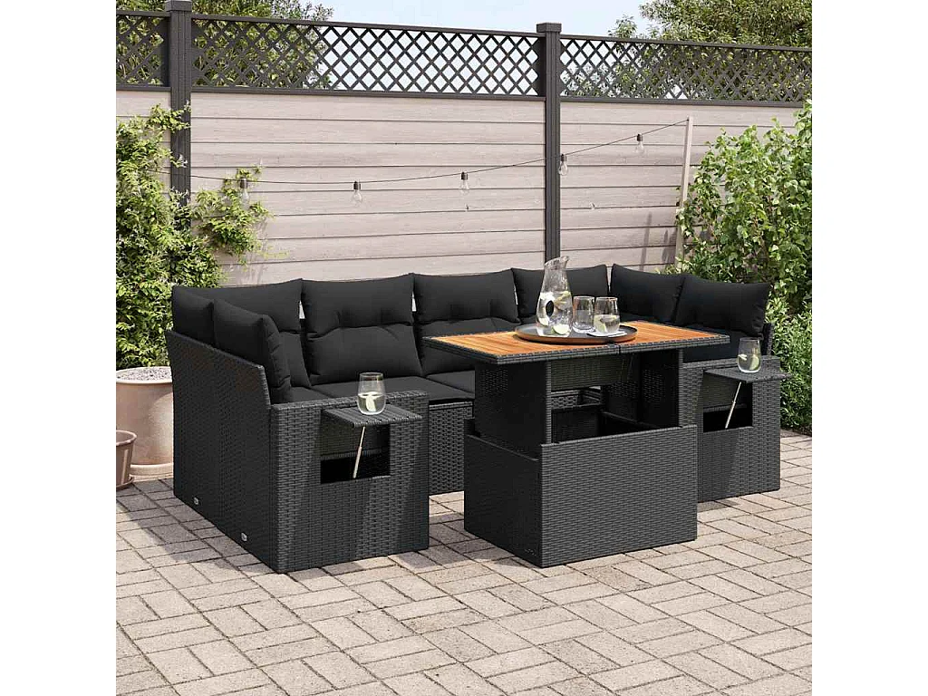 Salon de jardin 7 pcs avec coussins noir résine tressée