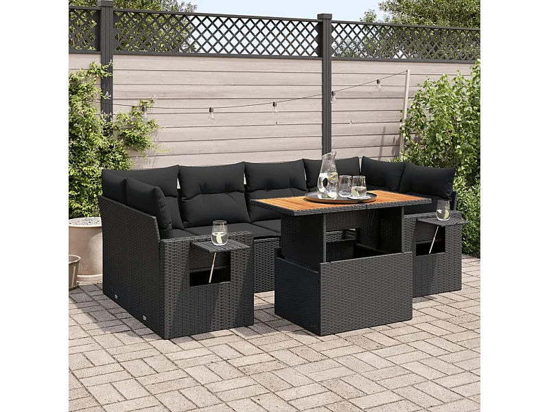 Salon de jardin 7 pcs avec coussins noir résine tressée
