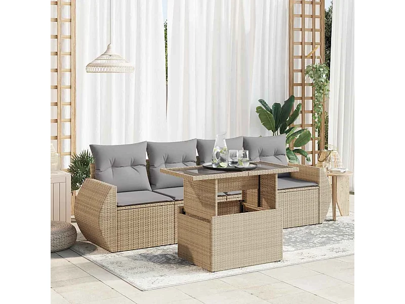 Set Divano da Giardino 5 pz con Cuscini Beige in Polyrattan