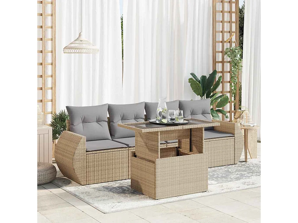 Salon de jardin avec coussins 5 pcs beige résine tressée