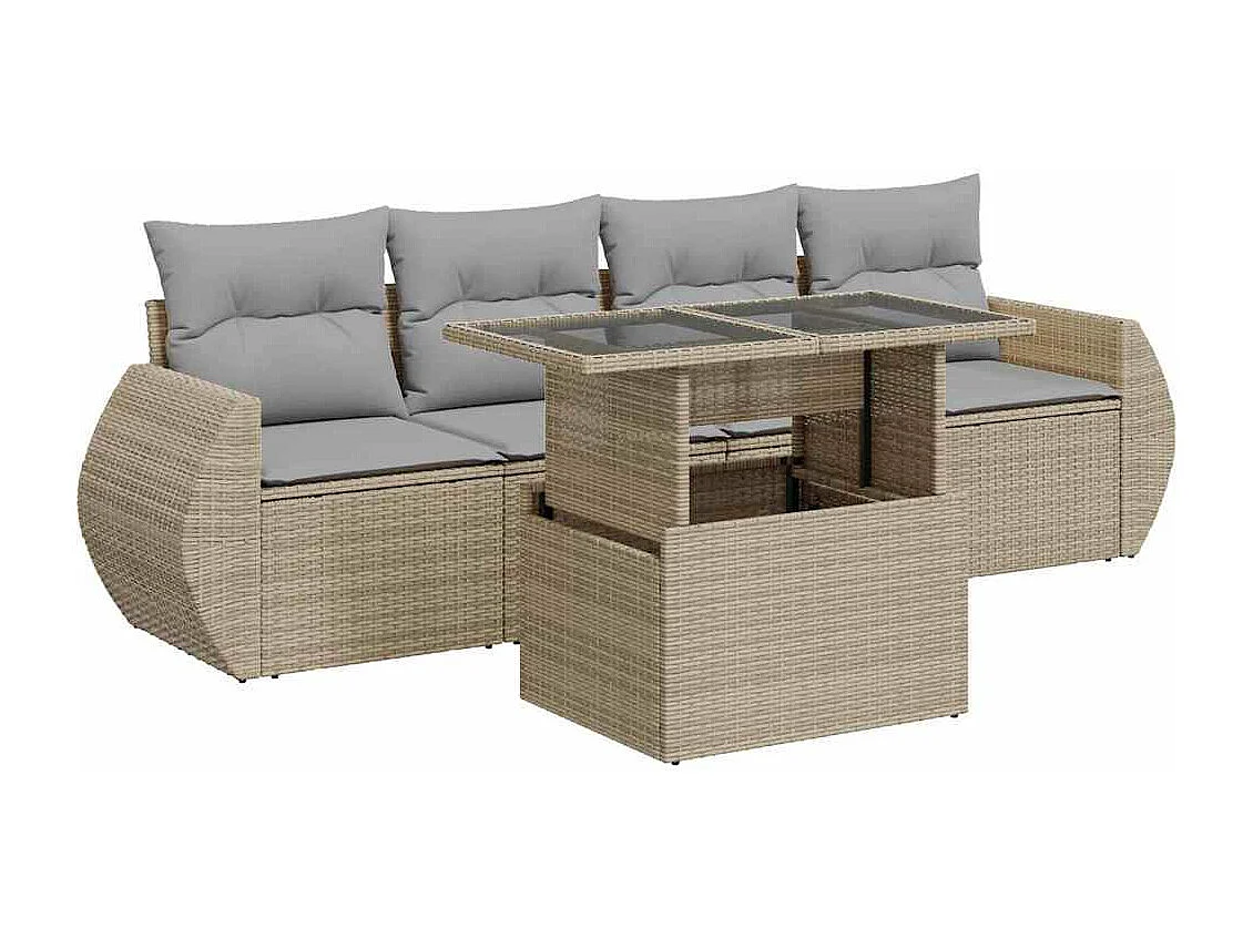 Salon de jardin avec coussins 5 pcs beige résine tressée