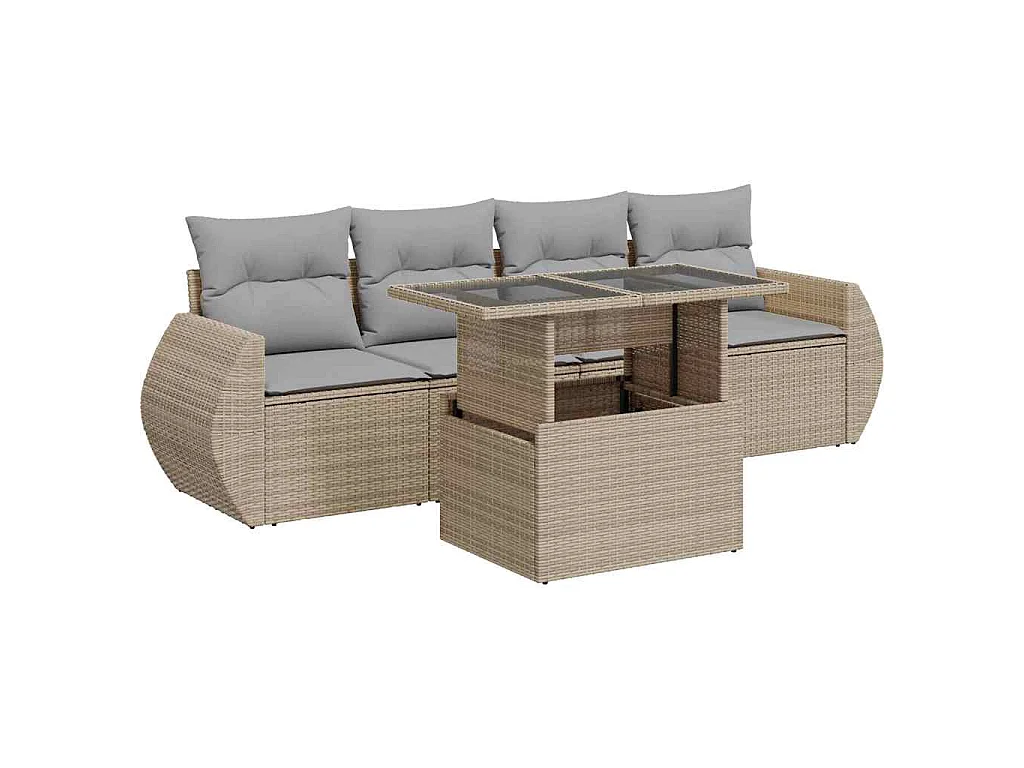 5-tlg. Garten-Sofagarnitur mit Kissen Beige Poly Rattan