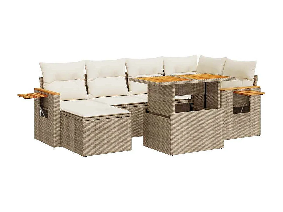 7-tlg. Garten-Sofagarnitur mit Kissen Beige Poly Rattan Akazie