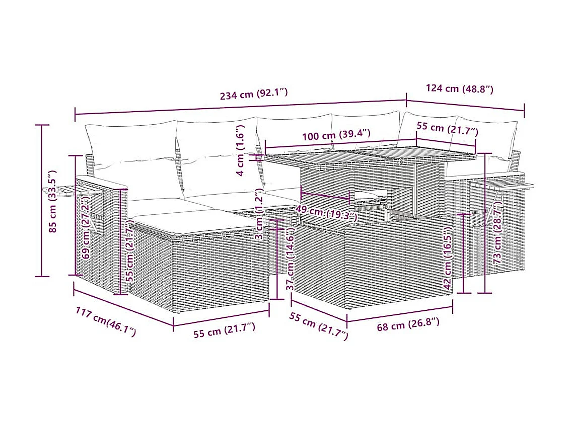 7-tlg. Garten-Sofagarnitur mit Kissen Beige Poly Rattan Akazie