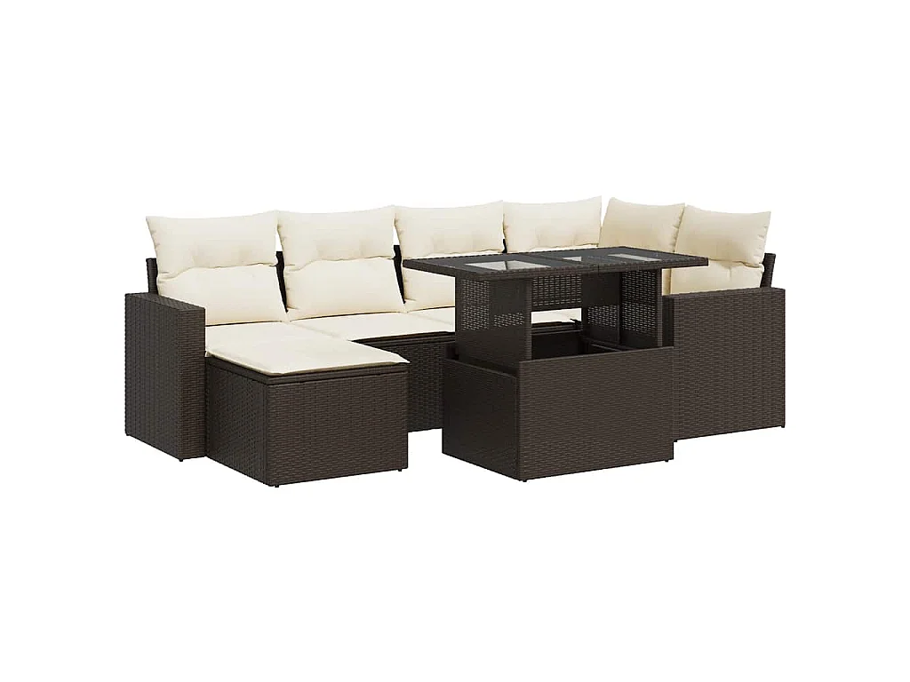 7 pcs conjunto de sofás jardim c/ almofadões vime PE castanho