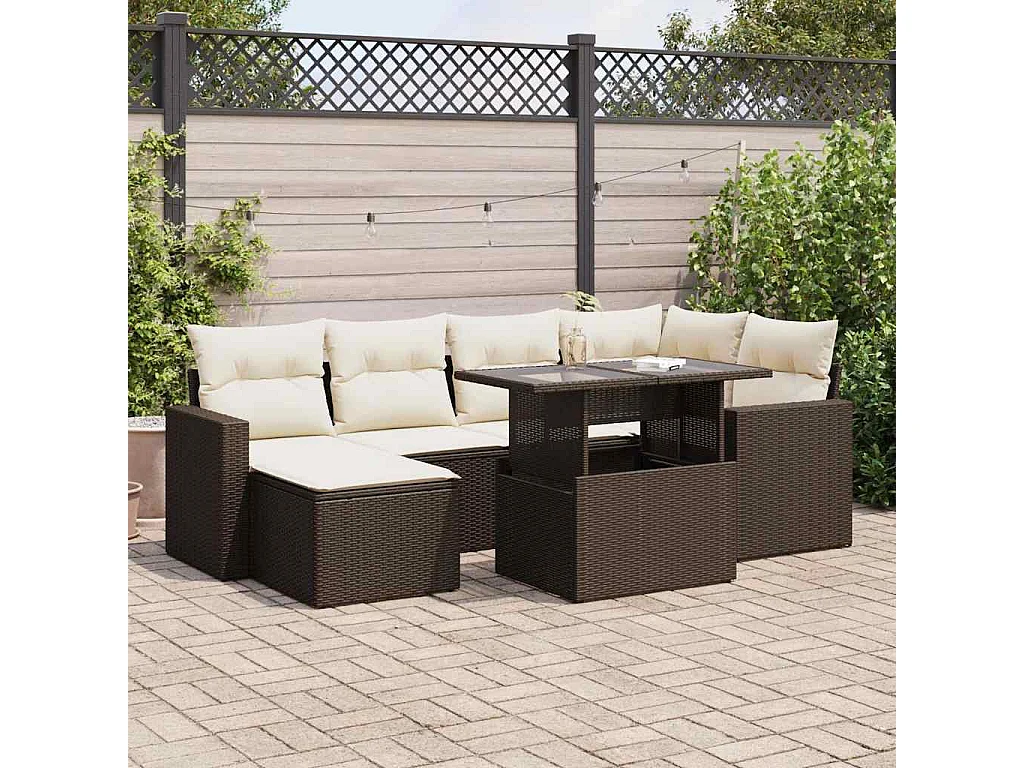 7 pcs conjunto de sofás jardim c/ almofadões vime PE castanho