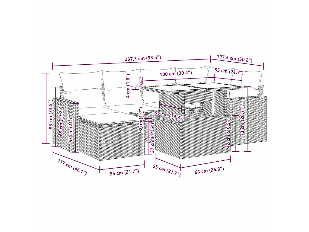 7 pcs conjunto de sofás jardim c/ almofadões vime PE castanho