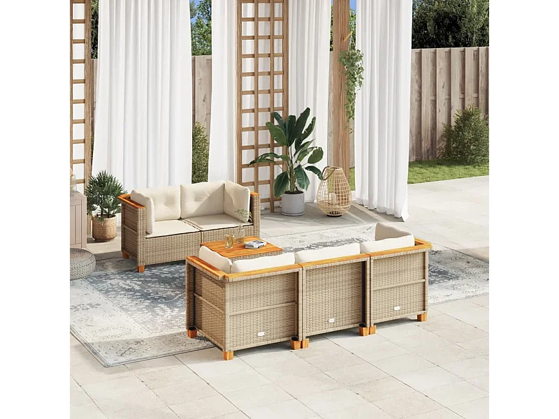 6-tlg. Garten-Sofagarnitur mit Kissen Beige Poly Rattan