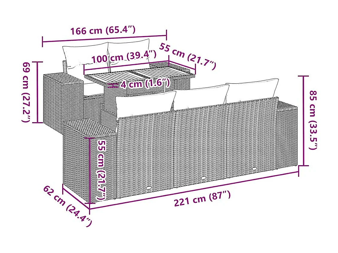 Salon de jardin 6 pcs avec coussins gris résine tressée
