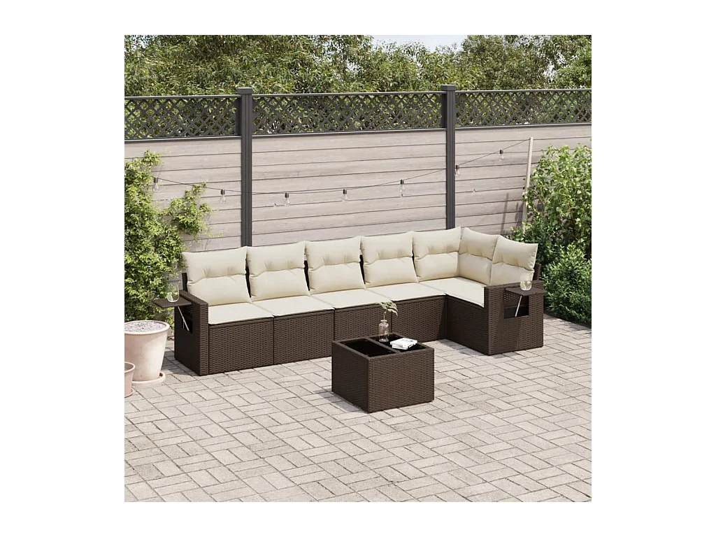 7-tlg. Garten-Sofagarnitur mit Kissen Braun Poly Rattan