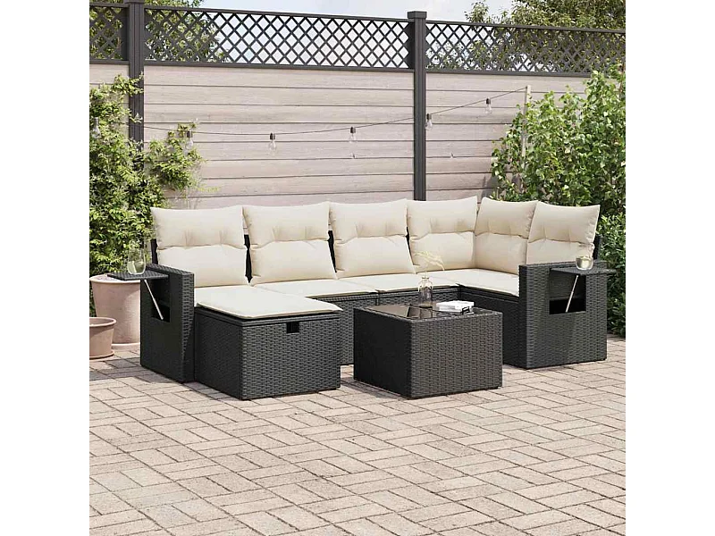 Set Divani da Giardino con Cuscini 7pz Nero Polyrattan