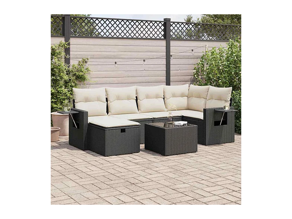 Salon de jardin 7 pcs avec coussins noir résine tressée