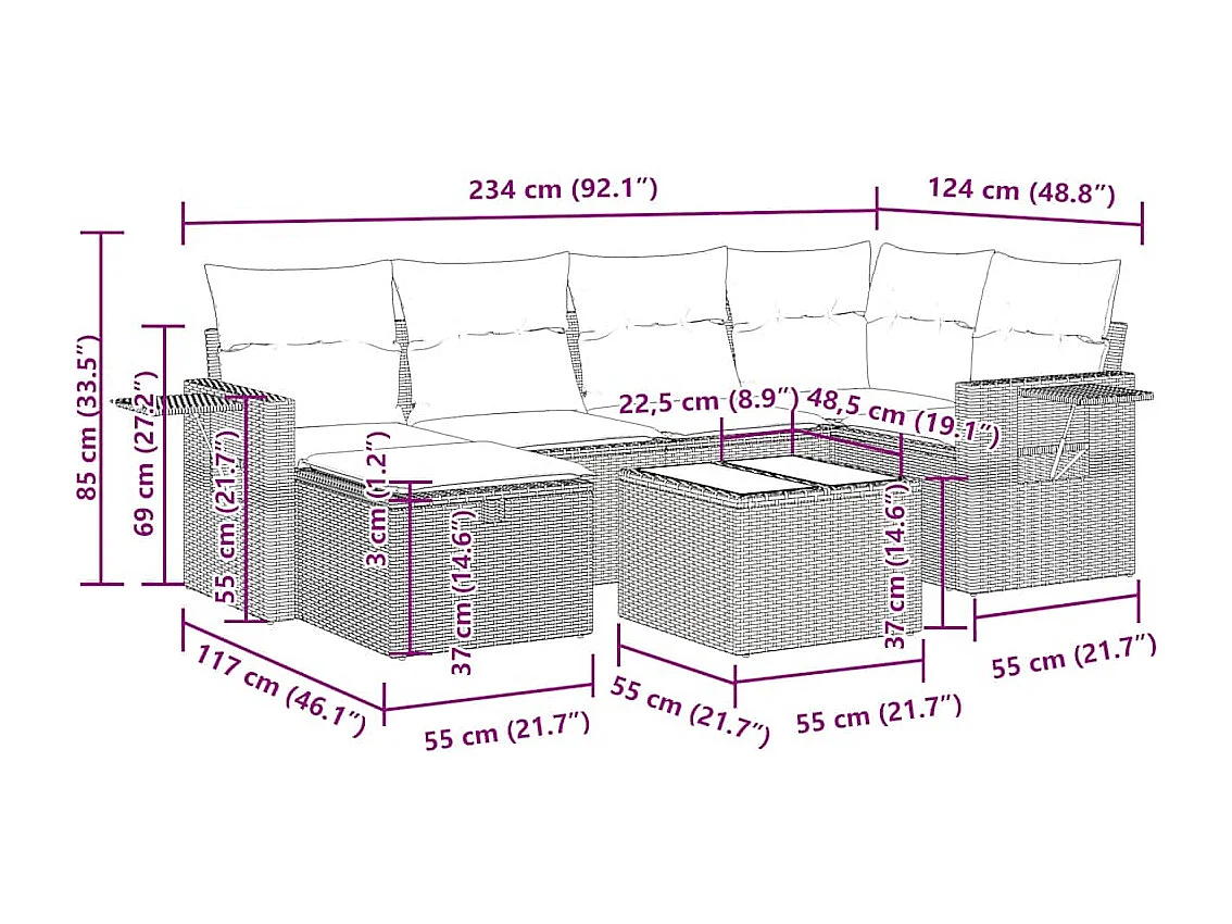 7 pcs conjunto de sofás p/ jardim c/ almofadões vime PE preto