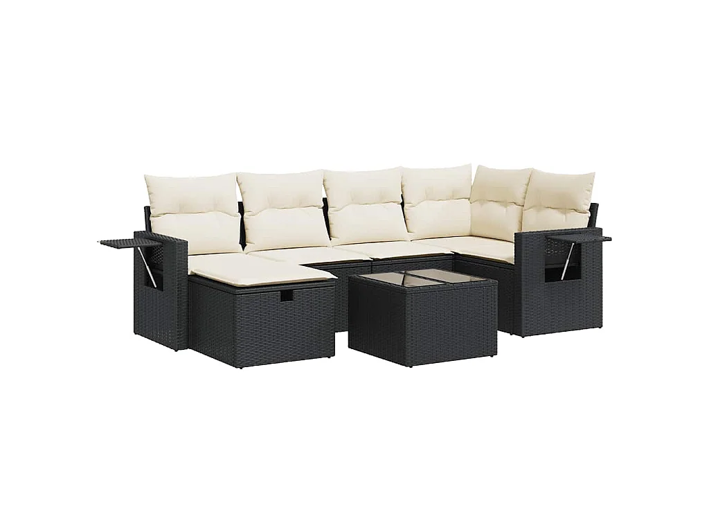 7-tlg. Garten-Sofagarnitur mit Kissen Schwarz Poly Rattan