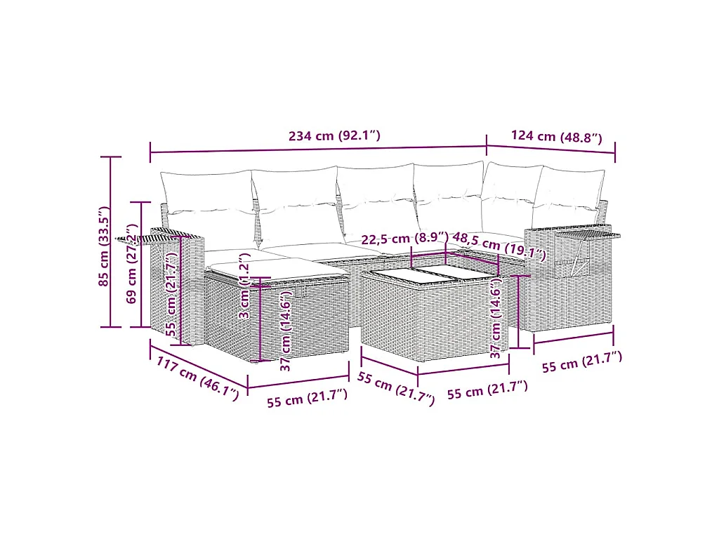 7-tlg. Garten-Sofagarnitur mit Kissen Schwarz Poly Rattan