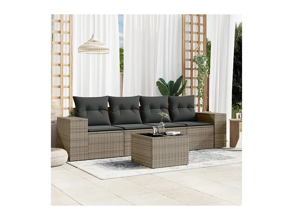 Salon de jardin 5 pcs avec coussins gris résine tressée