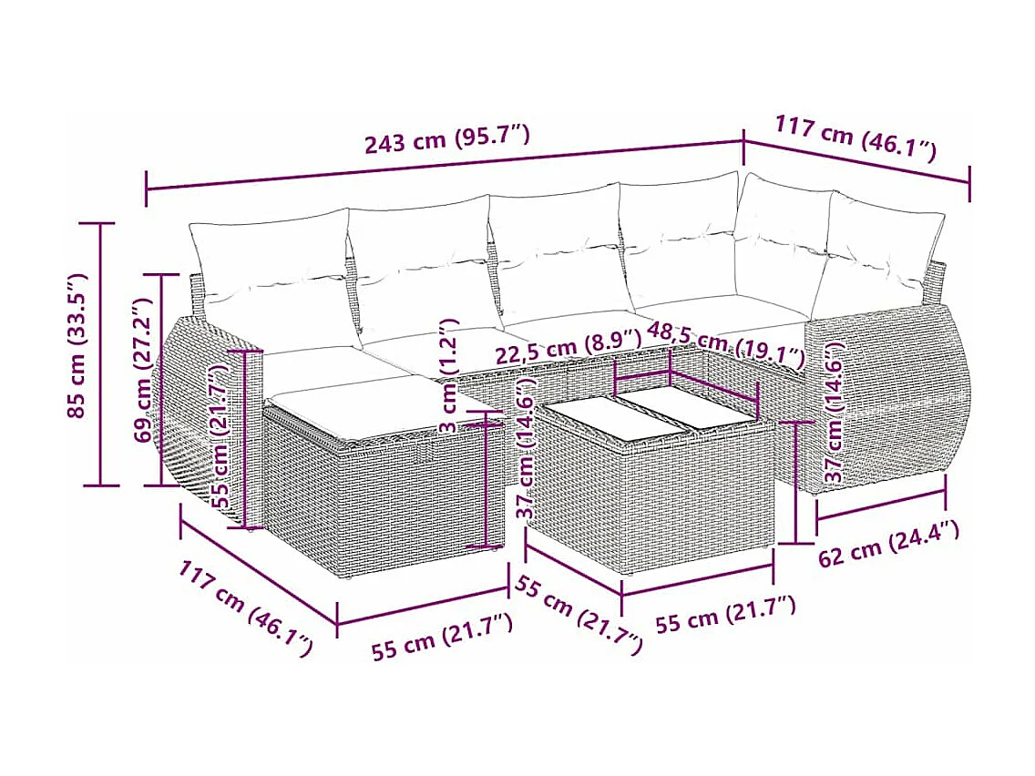 7-tlg. Garten-Sofagarnitur mit Kissen Braun Poly Rattan