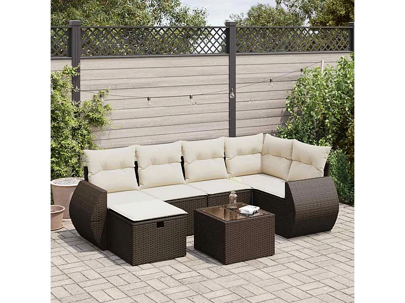 7-delige Loungeset met kussens poly rattan bruin