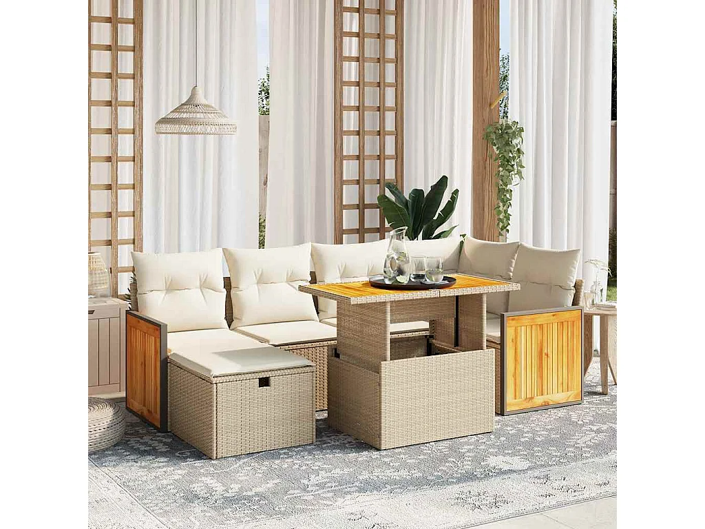 7-delige Loungeset met kussens poly rattan beige