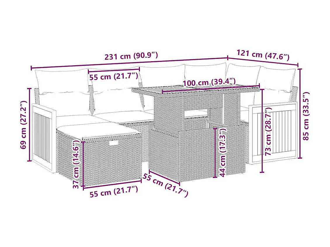 7-delige Loungeset met kussens poly rattan beige