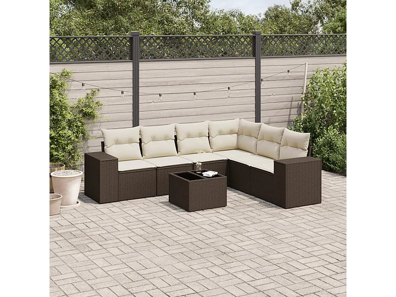 7-tlg. Garten-Sofagarnitur mit Kissen Braun Poly Rattan