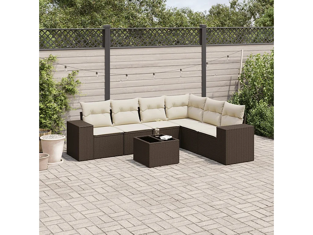7-delige Loungeset met kussens poly rattan bruin