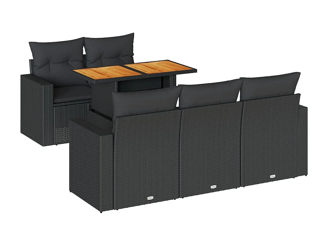 Set Divano da Giardino 6 pz con Cuscini Nero in Polyrattan