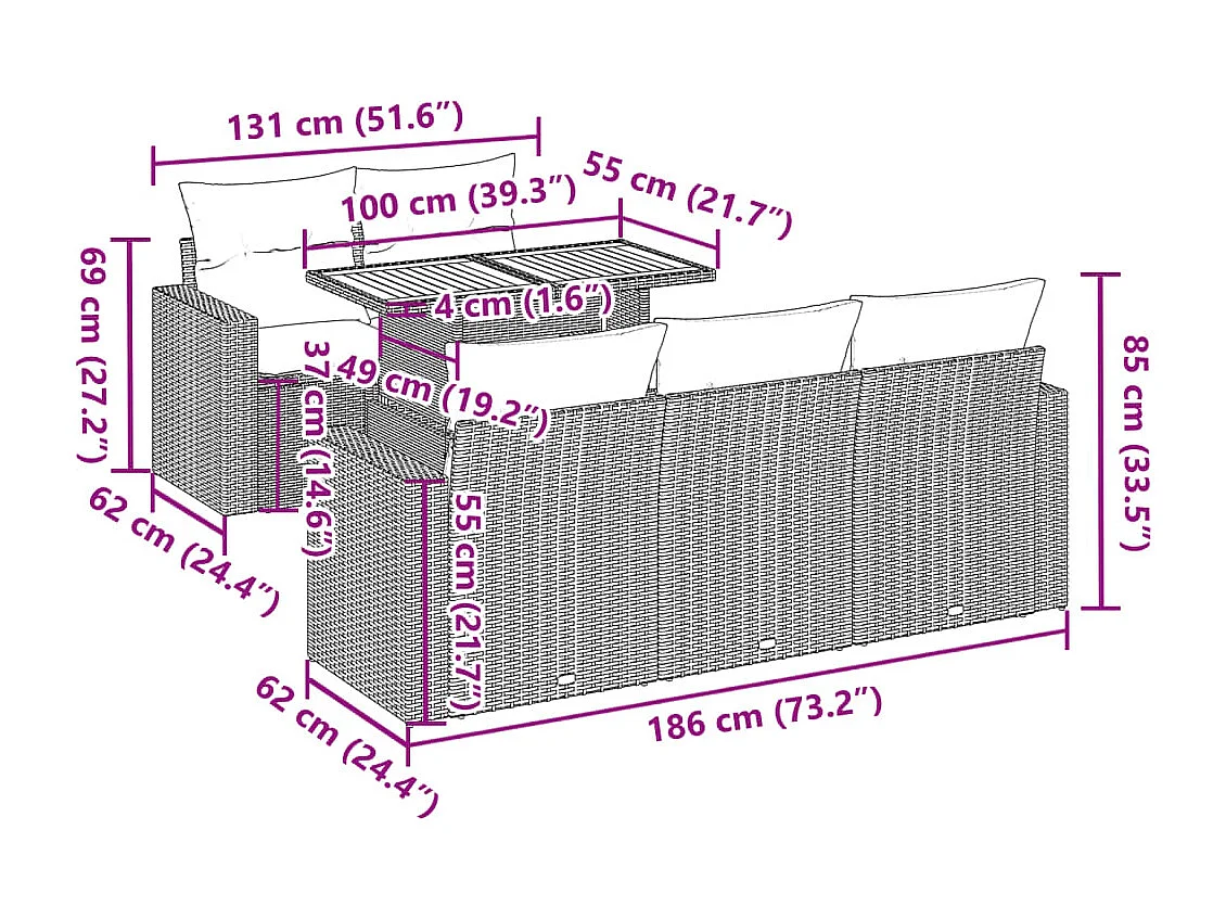 Set Divano da Giardino 6 pz con Cuscini Nero in Polyrattan