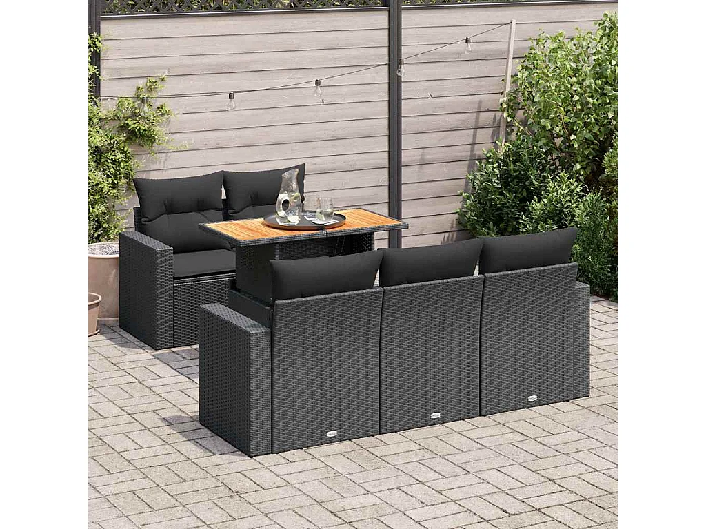 Salon de jardin 6 pcs avec coussins noir résine tressée