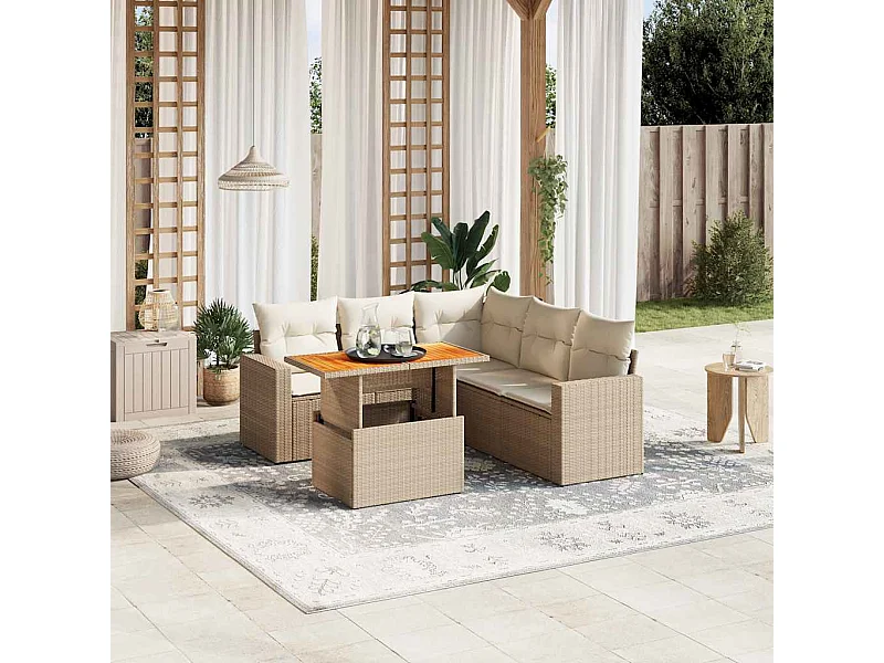 Set Divano da Giardino 6 pz con Cuscini Beige in Polyrattan
