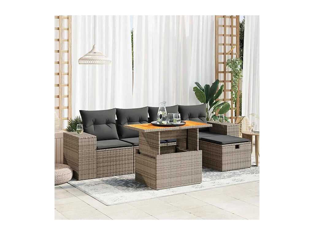 Salon de jardin avec coussins 6 pcs gris résine tressée acacia