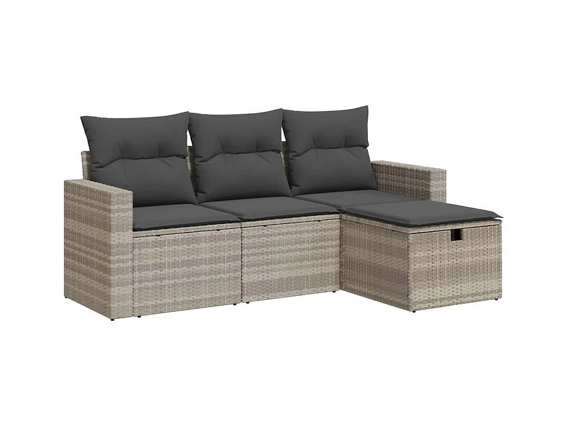 4-delige Loungeset met kussens poly rattan lichtgrijs