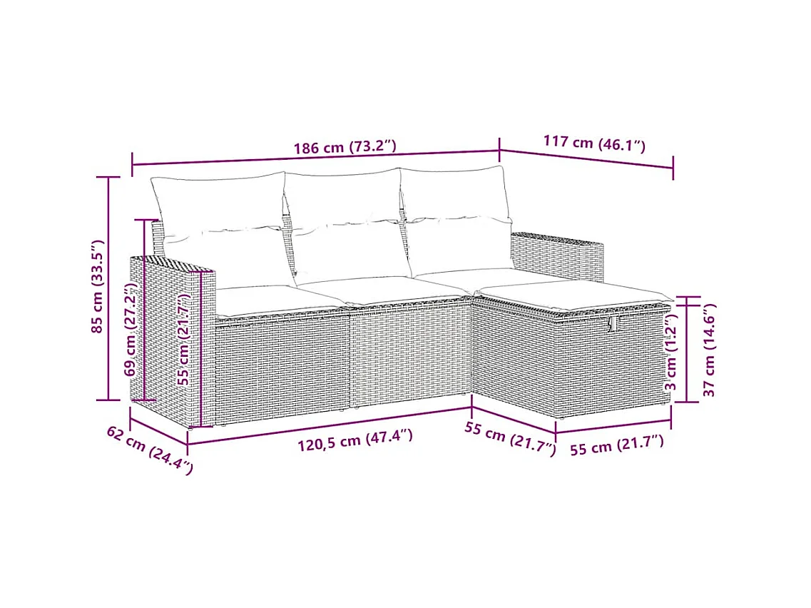 4-delige Loungeset met kussens poly rattan lichtgrijs