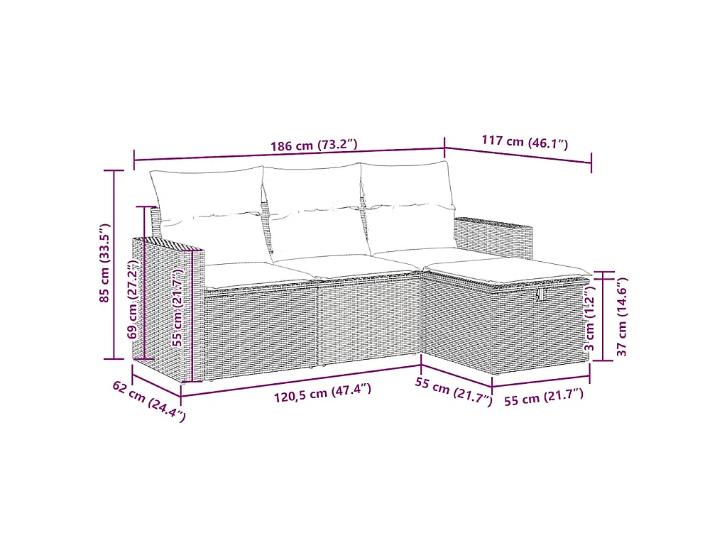 4-delige Loungeset met kussens poly rattan lichtgrijs